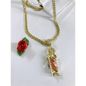 18K Gold Filled Oro Laminado San Judas Tadeo Pendant Thick Necklace Sz 24"